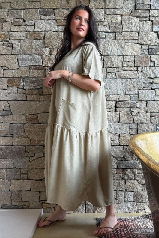 Rustic Nature Linen Blend Smock T Shirt Dress Washed Cedar